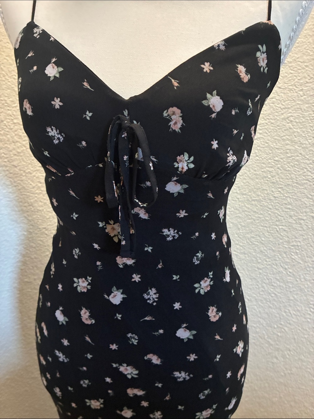 Black Floral Tie-Front Spaghetti-Strap Maxi Dress